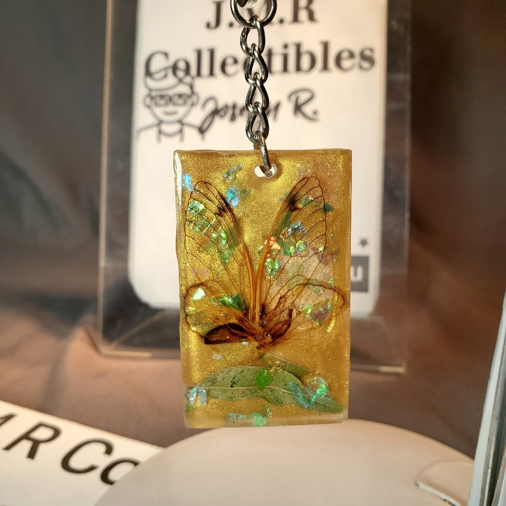 Large 2" Charm real cicada wings w/ Gold Glitter metal Chain